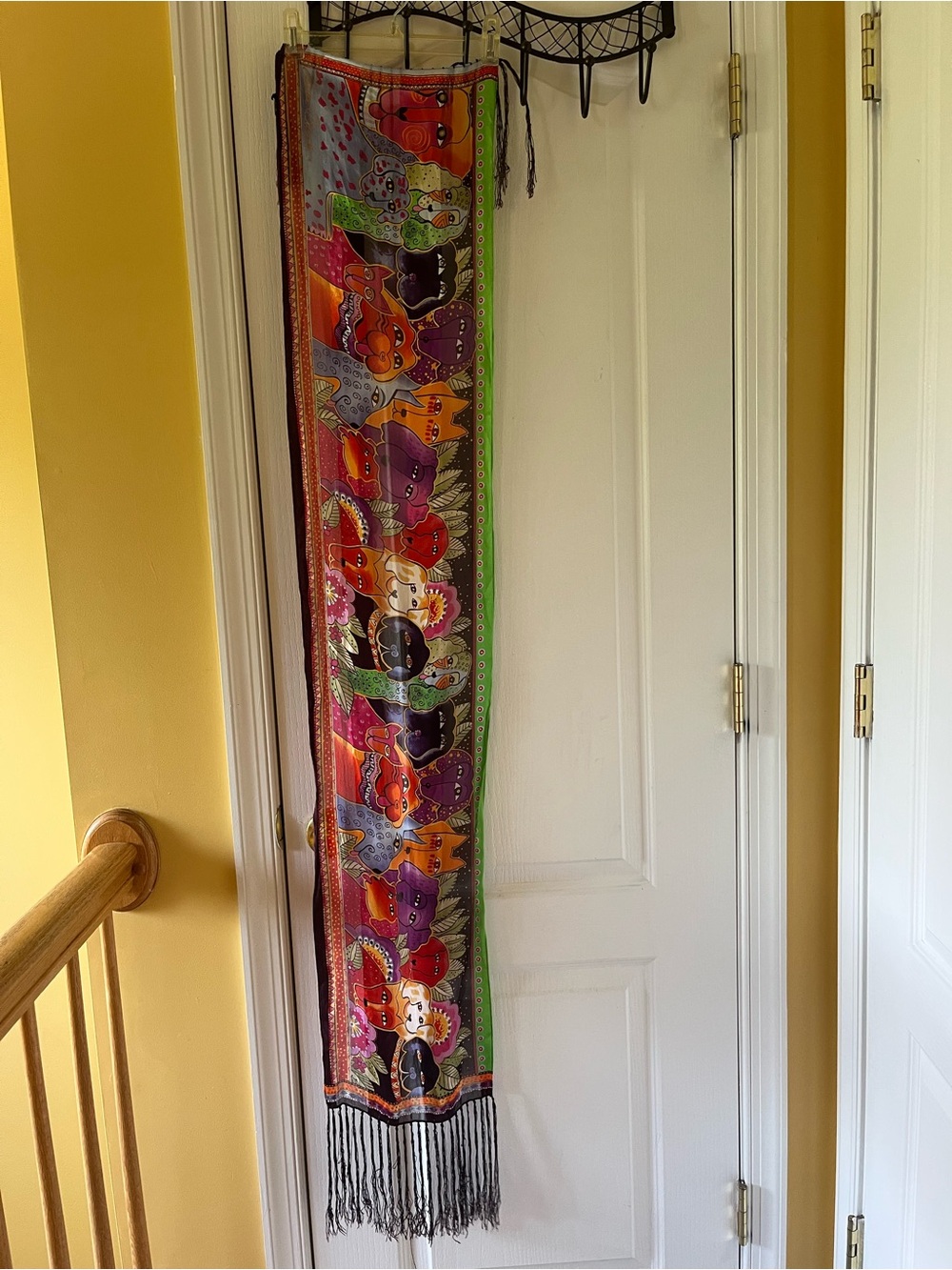 Laurel Burch Long Fringe Silk Scarf with Multicolor Cat Motif